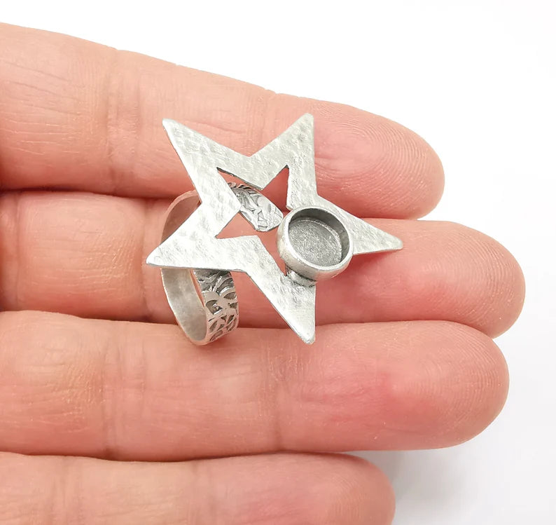Star Ring Setting, Cabochon Blank, Resin Bezel, Round Ring Mounting, Epoxy Frame Base, Adjustable Antique Silver Plated Brass 8mm G35289