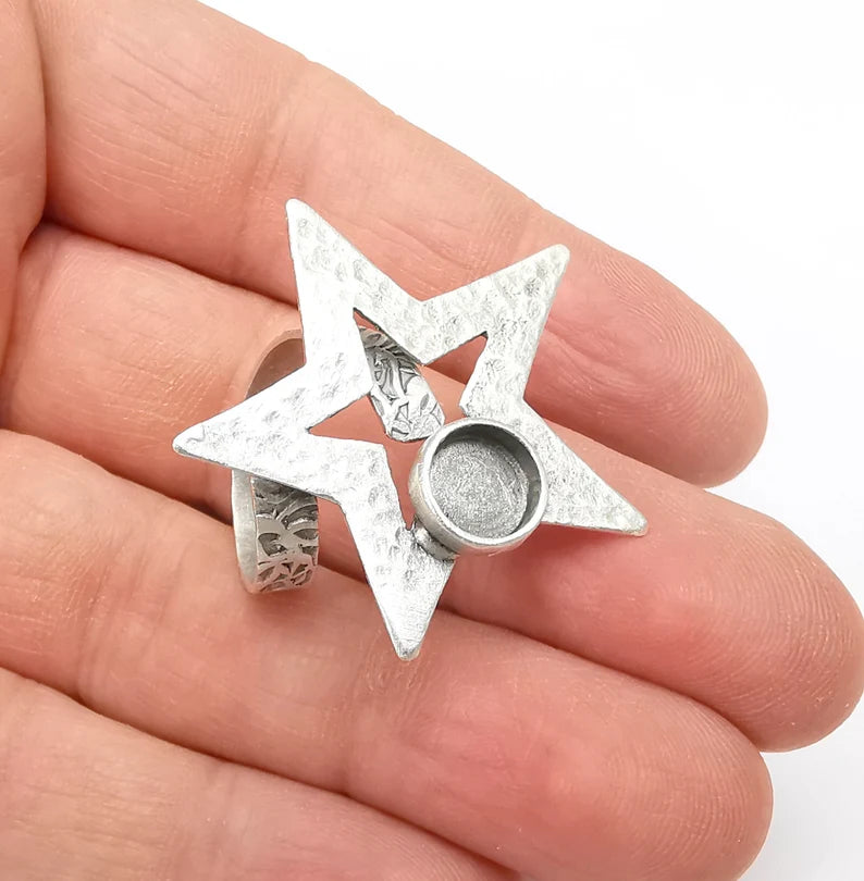 Star Ring Setting, Cabochon Blank, Resin Bezel, Round Ring Mounting, Epoxy Frame Base, Adjustable Antique Silver Plated Brass 8mm G35289