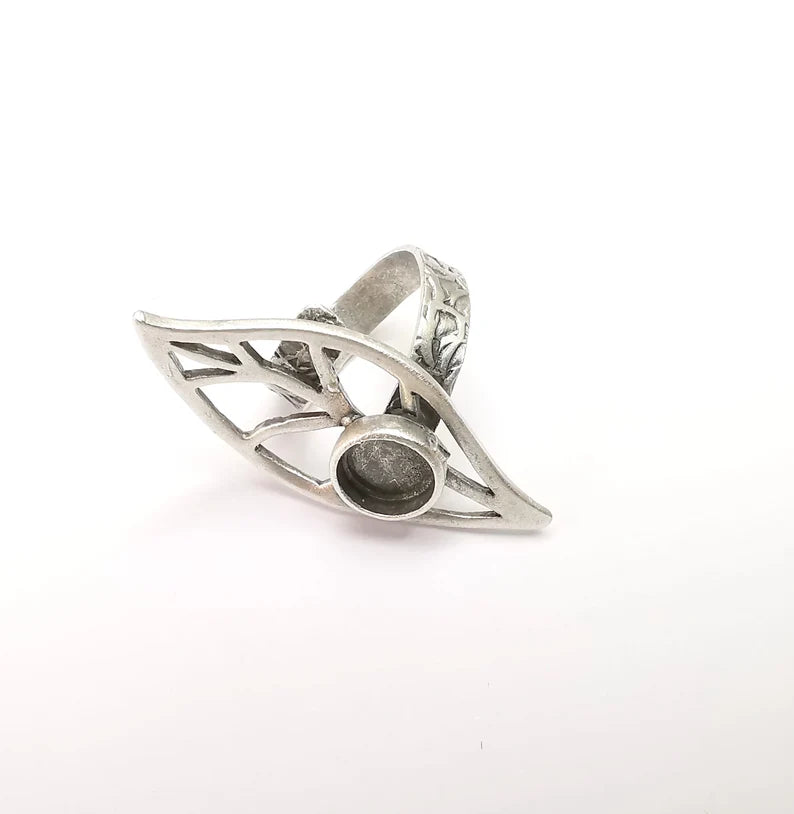 Leaf Ring Setting, Cabochon Blank, Resin Bezel, Round Ring Mounting, Epoxy Frame Base, Adjustable Antique Silver Plated Brass 8mm G35290