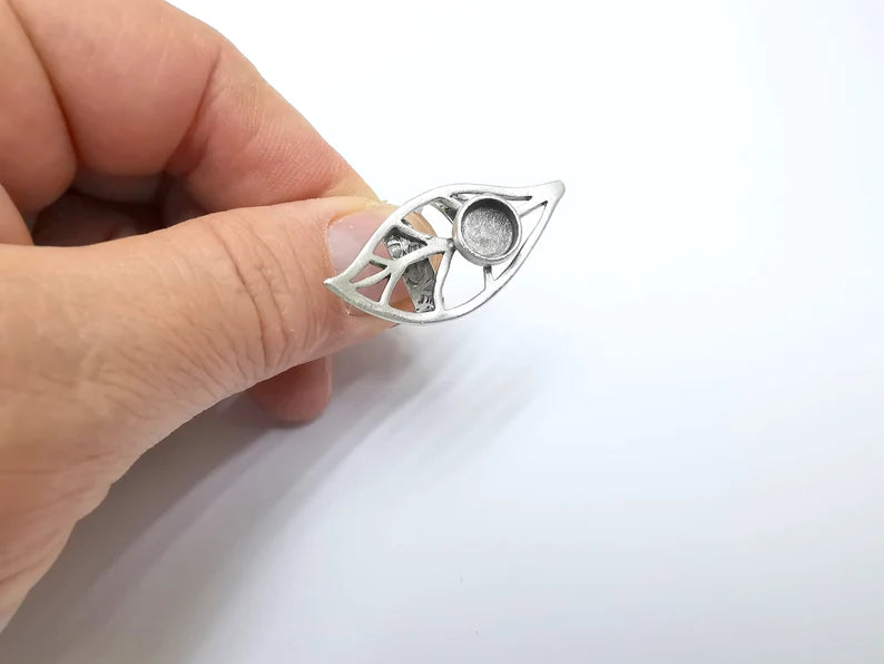 Leaf Ring Setting, Cabochon Blank, Resin Bezel, Round Ring Mounting, Epoxy Frame Base, Adjustable Antique Silver Plated Brass 8mm G35290