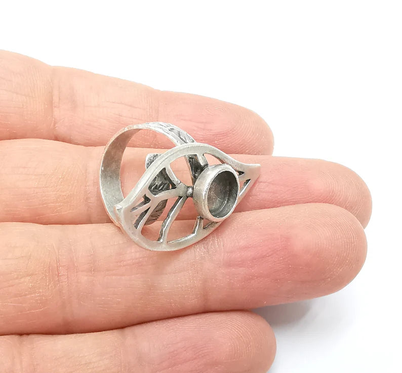 Leaf Ring Setting, Cabochon Blank, Resin Bezel, Round Ring Mounting, Epoxy Frame Base, Adjustable Antique Silver Plated Brass 8mm G35290