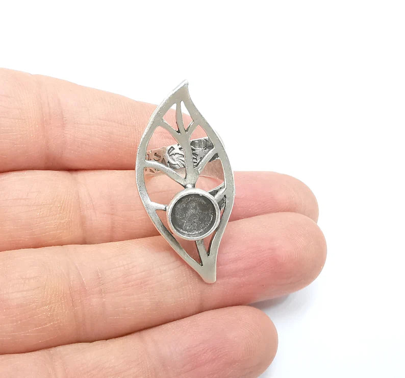Leaf Ring Setting, Cabochon Blank, Resin Bezel, Round Ring Mounting, Epoxy Frame Base, Adjustable Antique Silver Plated Brass 8mm G35290