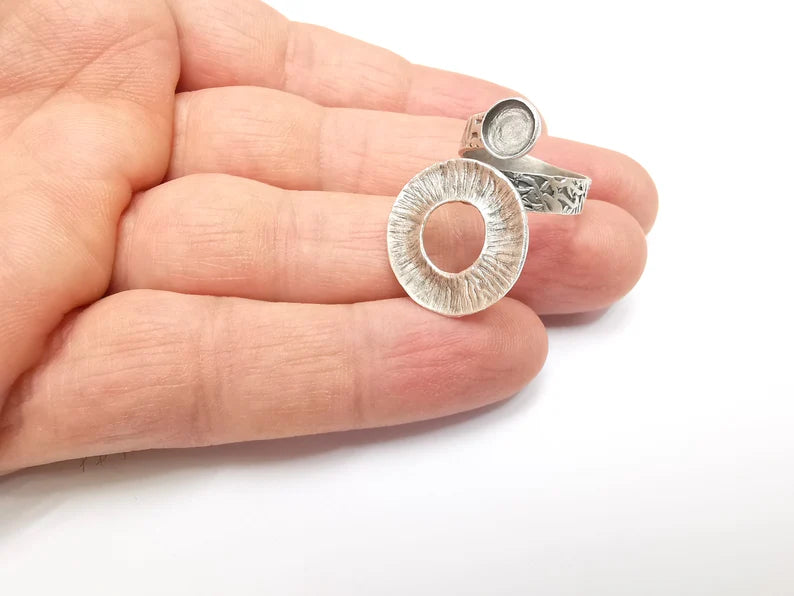 Circled Ring Setting, Warp Ring, Cabochon Blank, Resin Bezel, Ring Mounting, Epoxy Frame, Adjustable Antique Silver Plated Brass 6mm G35291