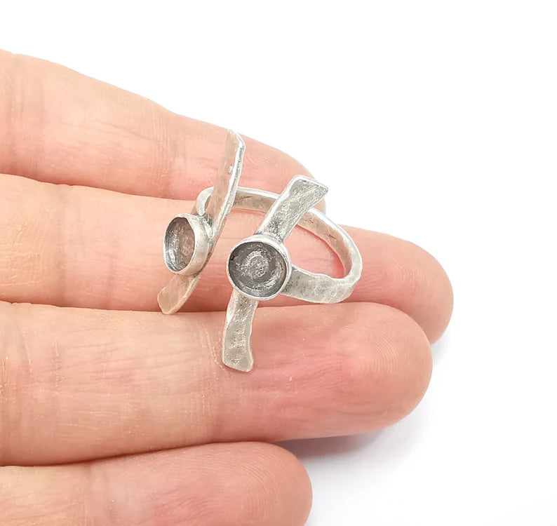 Silver Ring Setting, Cabochon Blank, Resin Bezel, Round Ring Mounting, Epoxy Frame Base, Adjustable Antique Silver Plated Brass 6mm G35293