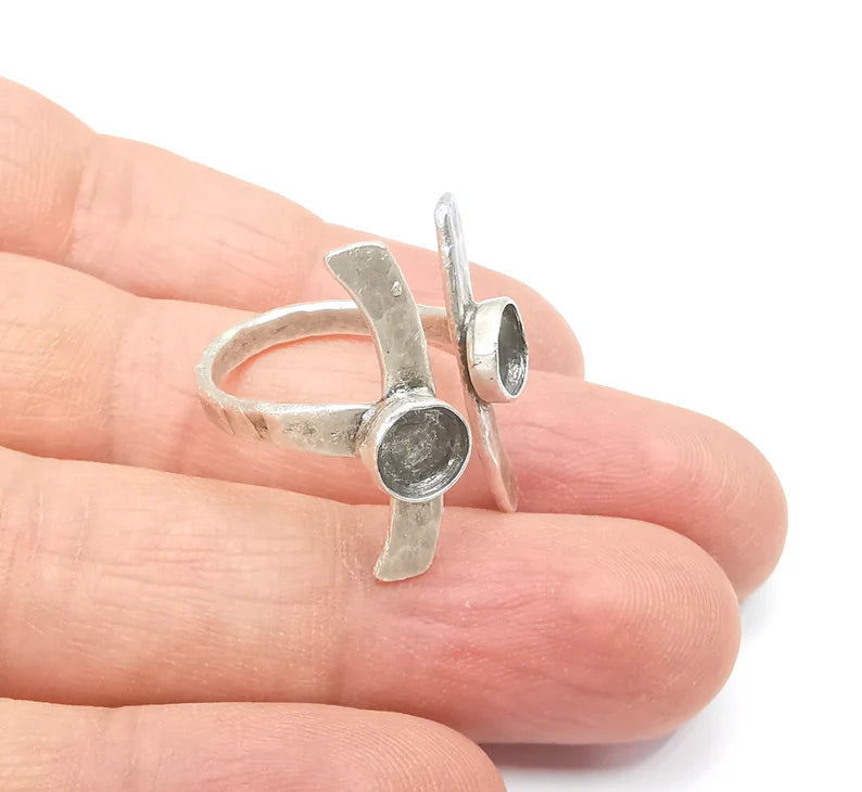 Silver Ring Setting, Cabochon Blank, Resin Bezel, Round Ring Mounting, Epoxy Frame Base, Adjustable Antique Silver Plated Brass 6mm G35293