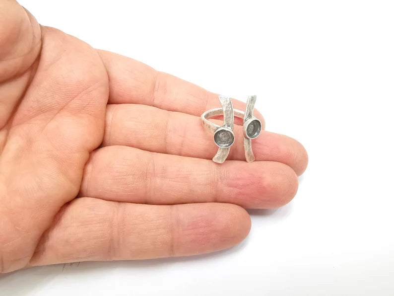 Silver Ring Setting, Cabochon Blank, Resin Bezel, Round Ring Mounting, Epoxy Frame Base, Adjustable Antique Silver Plated Brass 6mm G35293