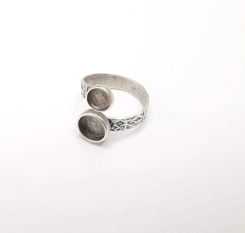 Ring Setting, Cabochon Blank, Resin Bezel, Round Ring Mounting, Epoxy Frame Base, Adjustable Antique Silver Plated Brass 6mm and 8mm G35294