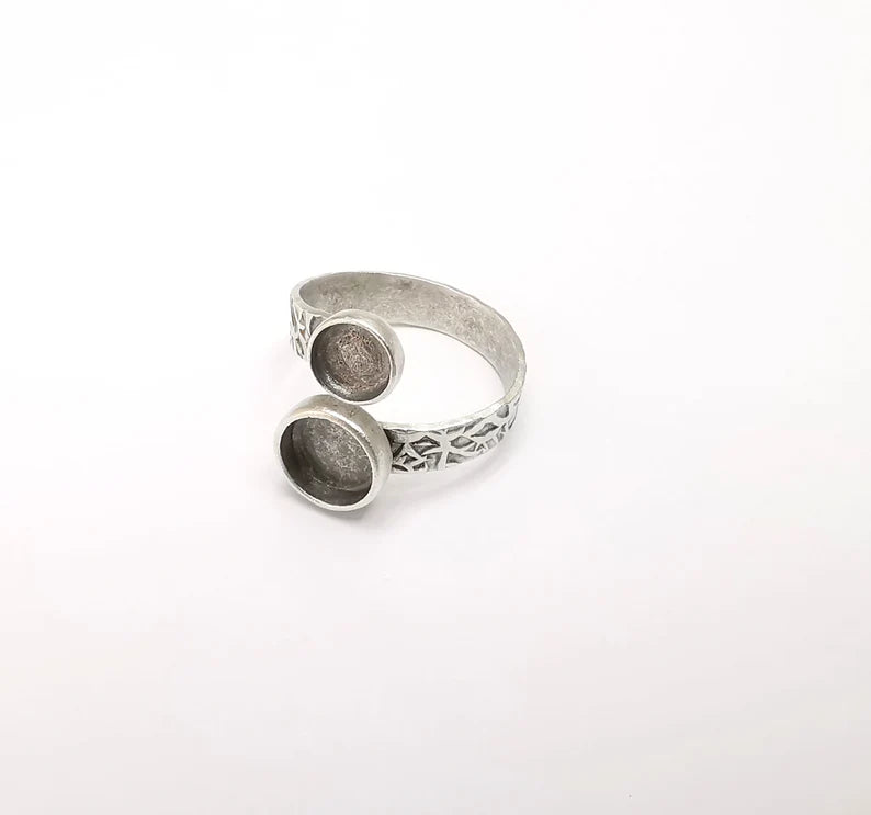 Ring Setting, Cabochon Blank, Resin Bezel, Round Ring Mounting, Epoxy Frame Base, Adjustable Antique Silver Plated Brass 6mm and 8mm G35294