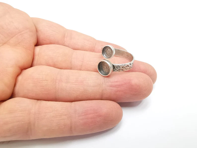 Ring Setting, Cabochon Blank, Resin Bezel, Round Ring Mounting, Epoxy Frame Base, Adjustable Antique Silver Plated Brass 6mm and 8mm G35294