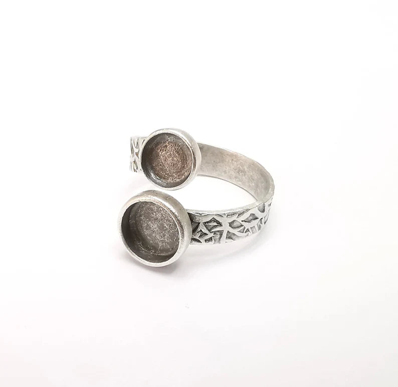 Ring Setting, Cabochon Blank, Resin Bezel, Round Ring Mounting, Epoxy Frame Base, Adjustable Antique Silver Plated Brass 6mm and 8mm G35294