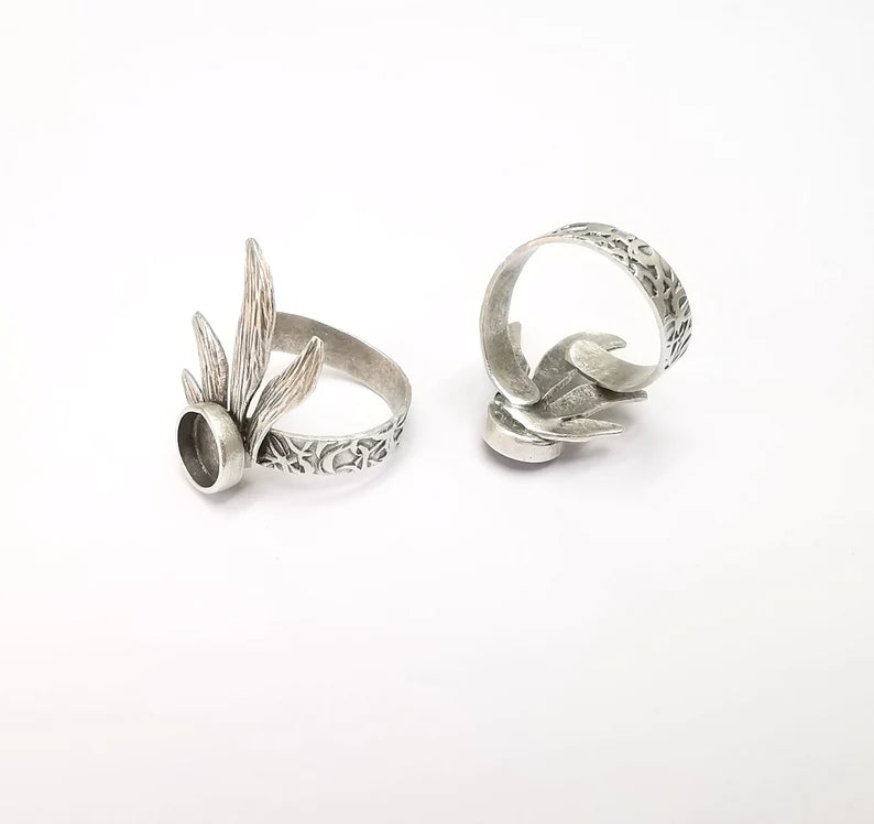 Leaf Ring Setting, Cabochon Blank, Resin Bezel, Round Ring Mounting, Epoxy Frame Base, Adjustable Antique Silver Plated Brass 8mm G35295