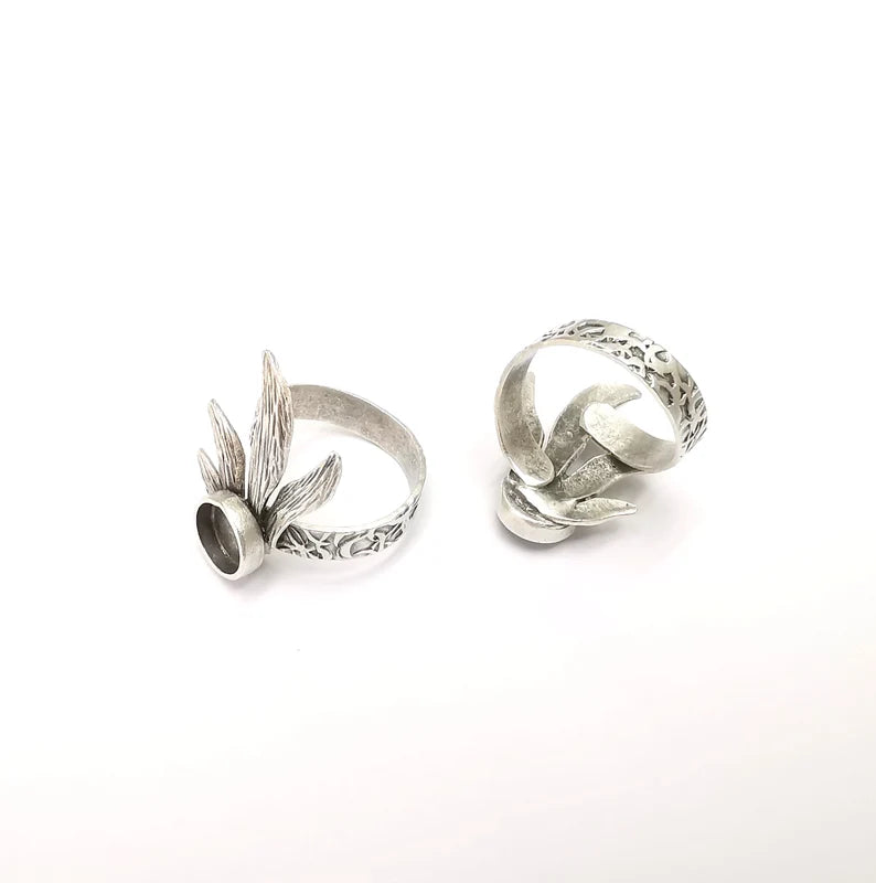 Leaf Ring Setting, Cabochon Blank, Resin Bezel, Round Ring Mounting, Epoxy Frame Base, Adjustable Antique Silver Plated Brass 8mm G35295