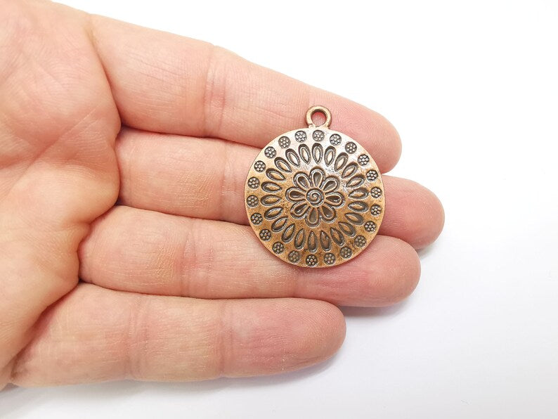 Copper Mandala Charms, Medallion Charms, Locket Pendant, Earring Charms, Boho Charms, Round Charms, Antique Copper Plated (38x32mm) G35306