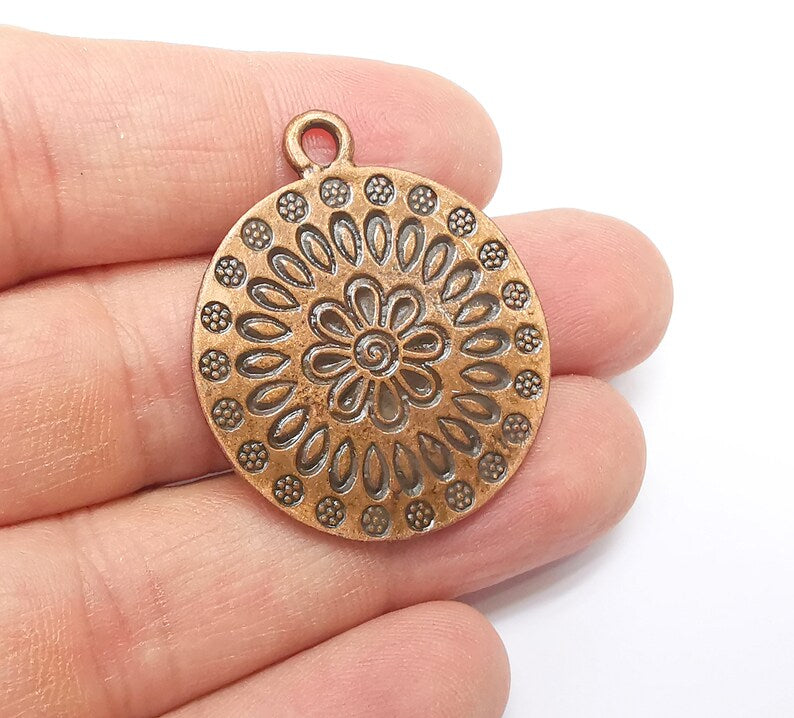 Copper Mandala Charms, Medallion Charms, Locket Pendant, Earring Charms, Boho Charms, Round Charms, Antique Copper Plated (38x32mm) G35306