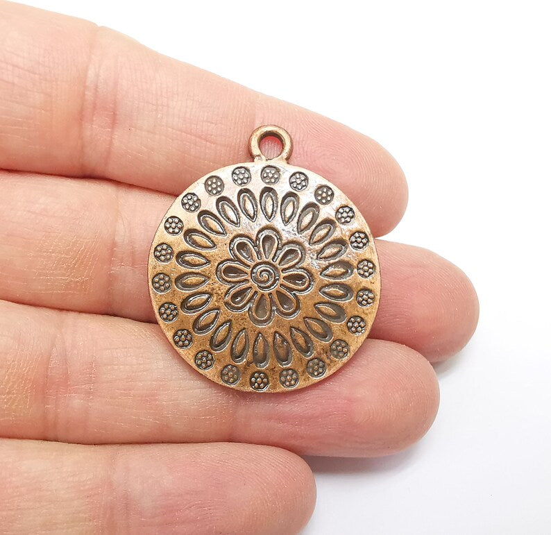 Copper Mandala Charms, Medallion Charms, Locket Pendant, Earring Charms, Boho Charms, Round Charms, Antique Copper Plated (38x32mm) G35306
