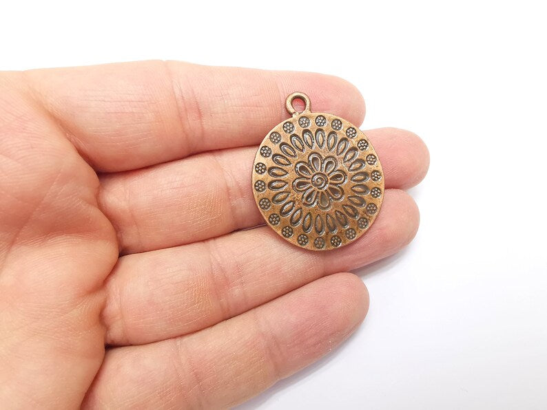 Copper Mandala Charms, Medallion Charms, Locket Pendant, Earring Charms, Boho Charms, Round Charms, Antique Copper Plated (38x32mm) G35306