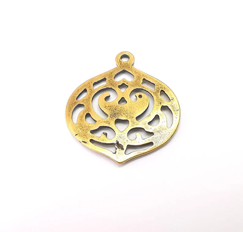 2 Bronze Filigree Charms, Perforated Connector, Round Jewelry Parts, Bracelet Component, Antique Bronze Plated Metal 33x29mm G35483