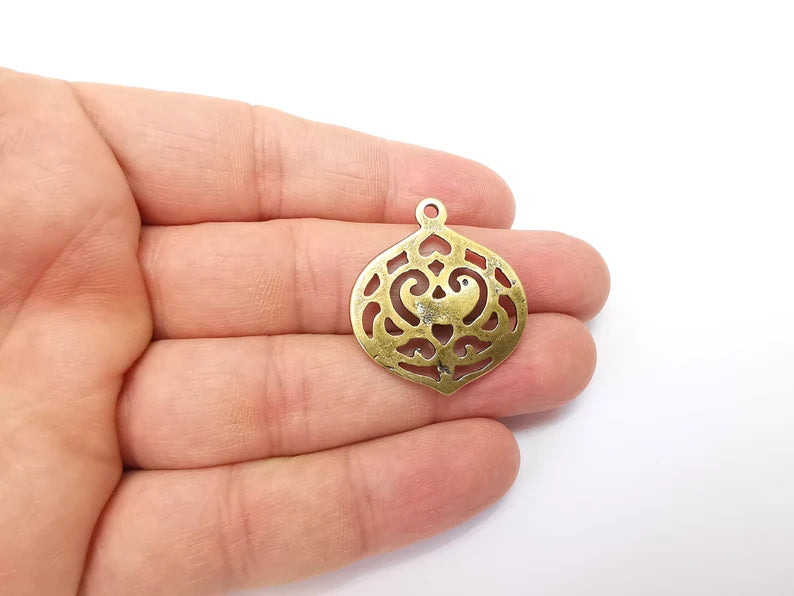 2 Bronze Filigree Charms, Perforated Connector, Round Jewelry Parts, Bracelet Component, Antique Bronze Plated Metal 33x29mm G35483