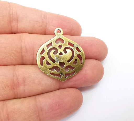 2 Bronze Filigree Charms, Perforated Connector, Round Jewelry Parts, Bracelet Component, Antique Bronze Plated Metal 33x29mm G35483