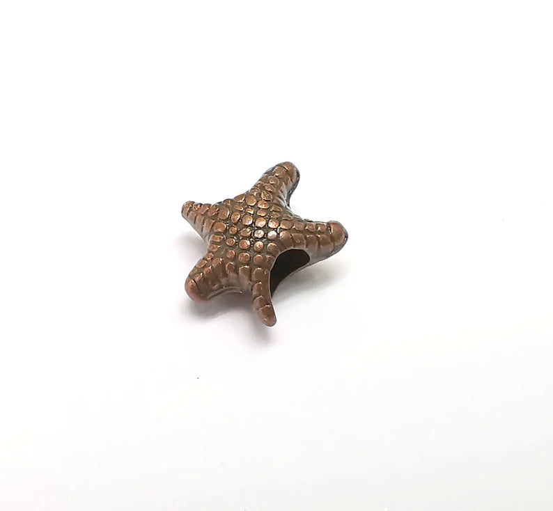 5 Starfish Beads, Copper Beads, Metal Beads, Bracelet Beads, Large Hole Beads, Necklace Beads, Antique Copper Plated Metal 13x12mm G35316