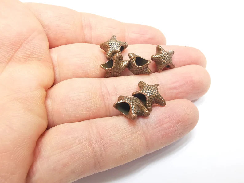 5 Starfish Beads, Copper Beads, Metal Beads, Bracelet Beads, Large Hole Beads, Necklace Beads, Antique Copper Plated Metal 13x12mm G35316
