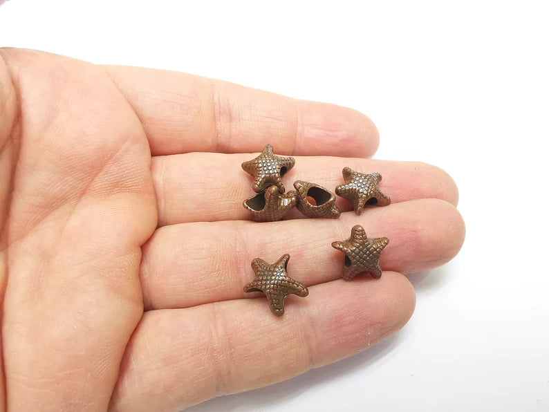 5 Starfish Beads, Copper Beads, Metal Beads, Bracelet Beads, Large Hole Beads, Necklace Beads, Antique Copper Plated Metal 13x12mm G35316