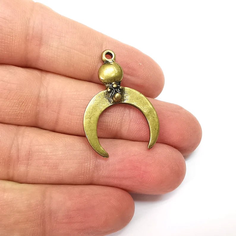 Moon Charms, Crescent Charms, Boho Charms, Dangle Earring Charms, Bronze Pendant, Necklace Parts, Antique Bronze Plated 34x24mm G35489
