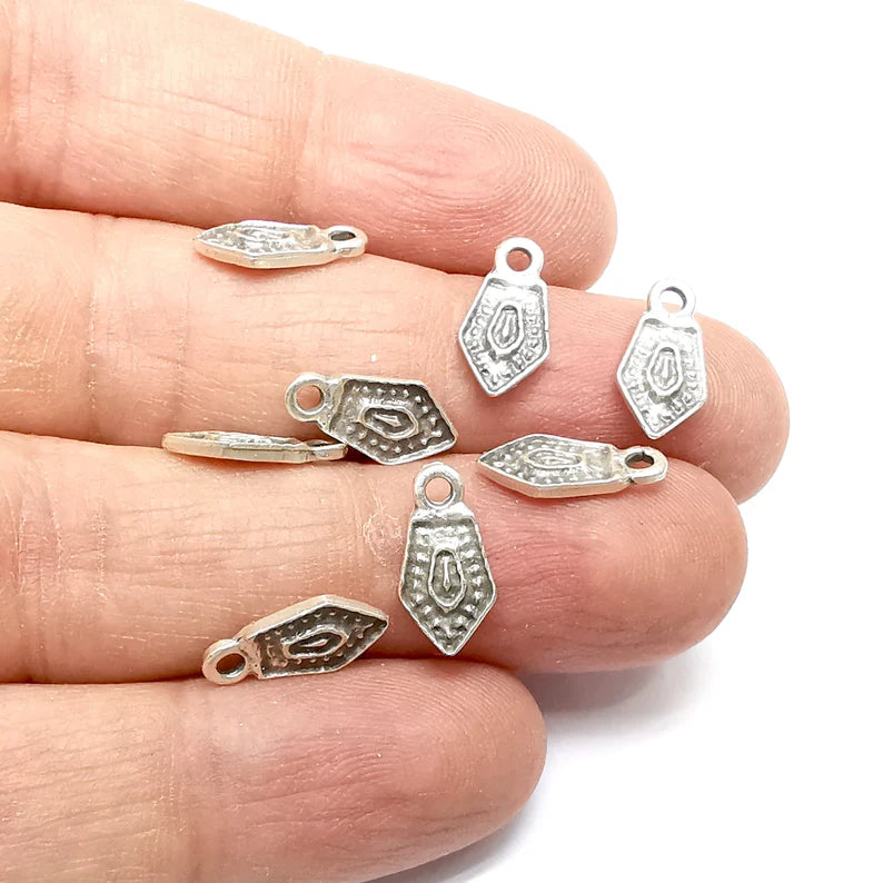 10 Silver Charms, Dangle Charms, Ethnic Earring Charms, Silver Rustic Pendant, Necklace Parts, Antique Silver Plated 14x7mm G35329