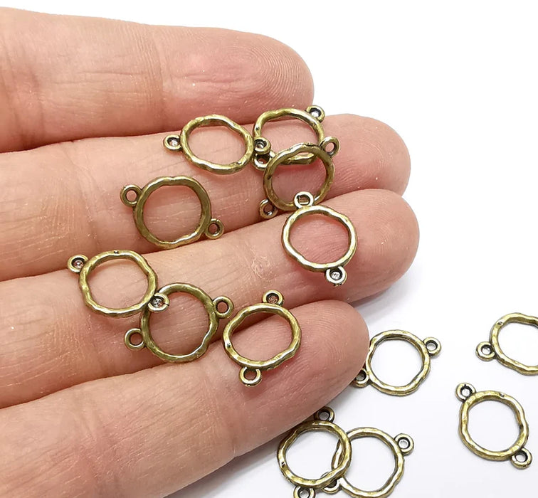 10 Circle Connector, Hammered Disc, Perforated Connector, Round Jewelry Parts, Bracelet Component, Antique Bronze Plated Metal 16x11mm G35331