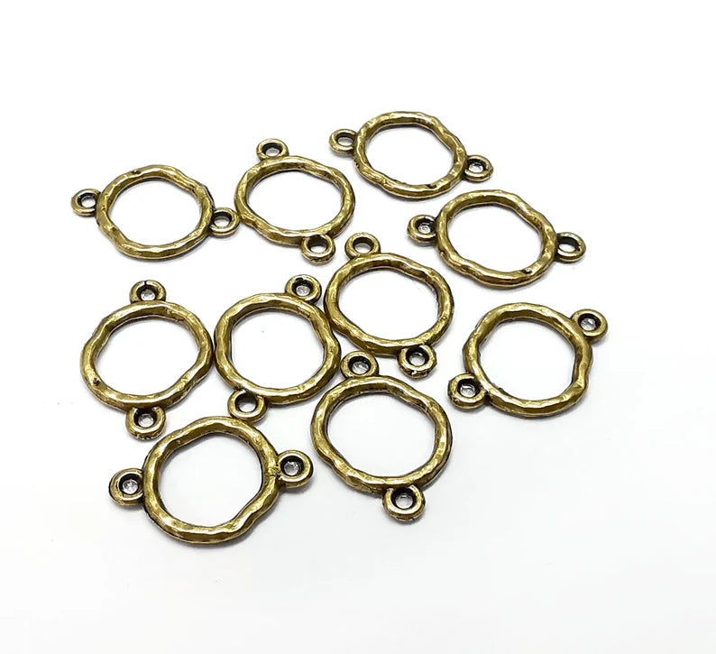 10 Circle Connector, Hammered Disc, Perforated Connector, Round Jewelry Parts, Bracelet Component, Antique Bronze Plated Metal 16x11mm G35331