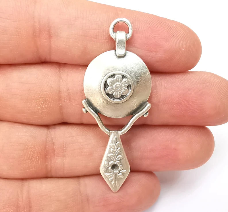 Silver Dangle Charms, Boho Charms, Rustic Charms, Earring Charms, Silver Pendant, Necklace Parts, Antique Silver Plated 53x20mm G35493