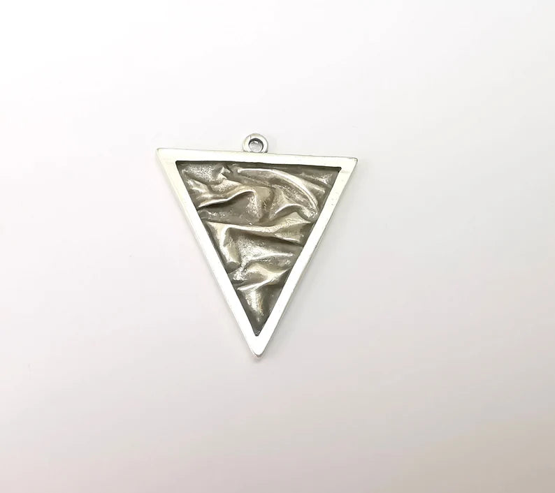 Silver Triangle Charms, Boho Charm, Rustic Charm, Earring Charm, Silver Pendant, Necklace Parts, Antique Silver Plated 37x32mm G35501