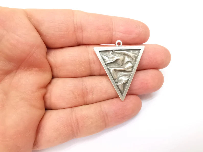 Silver Triangle Charms, Boho Charm, Rustic Charm, Earring Charm, Silver Pendant, Necklace Parts, Antique Silver Plated 37x32mm G35501
