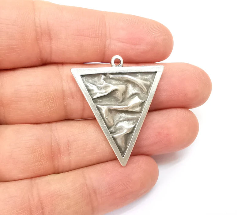 Silver Triangle Charms, Boho Charm, Rustic Charm, Earring Charm, Silver Pendant, Necklace Parts, Antique Silver Plated 37x32mm G35501