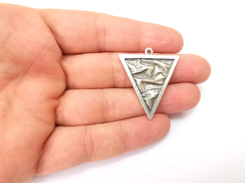 Silver Triangle Charms, Boho Charm, Rustic Charm, Earring Charm, Silver Pendant, Necklace Parts, Antique Silver Plated 37x32mm G35501