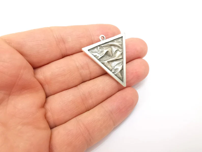 Silver Triangle Charms, Boho Charm, Rustic Charm, Earring Charm, Silver Pendant, Necklace Parts, Antique Silver Plated 37x32mm G35501
