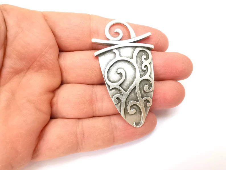 Silver Dangle Pendant, Rustic Pendant, Boho Charm, Earring Charm, Silver Pendant, Necklace Parts, Antique Silver Plated 62x35mm G35502