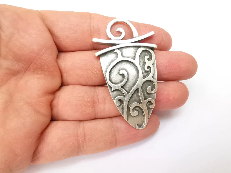 Silver Dangle Pendant, Rustic Pendant, Boho Charm, Earring Charm, Silver Pendant, Necklace Parts, Antique Silver Plated 62x35mm G35502