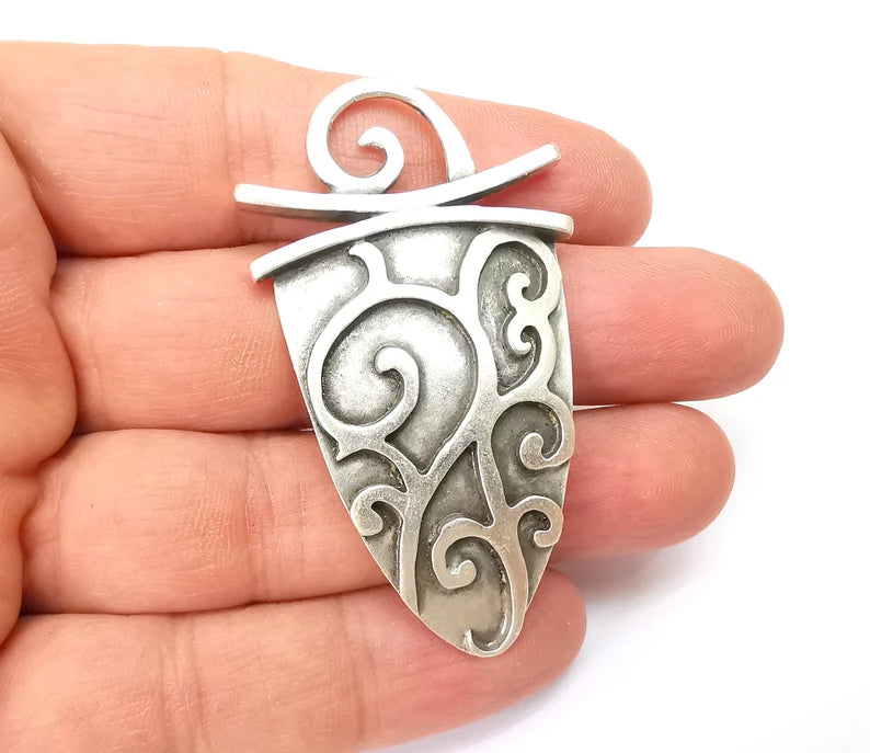 Silver Dangle Pendant, Rustic Pendant, Boho Charm, Earring Charm, Silver Pendant, Necklace Parts, Antique Silver Plated 62x35mm G35502