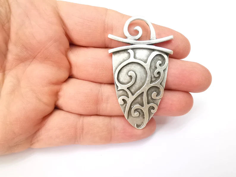 Silver Dangle Pendant, Rustic Pendant, Boho Charm, Earring Charm, Silver Pendant, Necklace Parts, Antique Silver Plated 62x35mm G35502