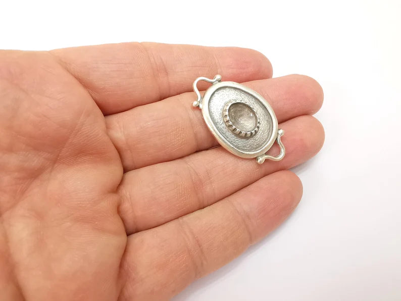Silver Dangle Charms Blank, Earring Charms Base, Cabochon Bezel, inlay Mounting, Resin Necklace, Antique Silver Plated Brass 39x22mm G35503