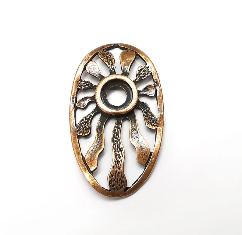 Copper Sun Charms, Oval Baroque Charms, Ethnic Earring Charms, Copper Rustic Pendant, Necklace Parts, Antique Copper Plated 41x24mm G35336