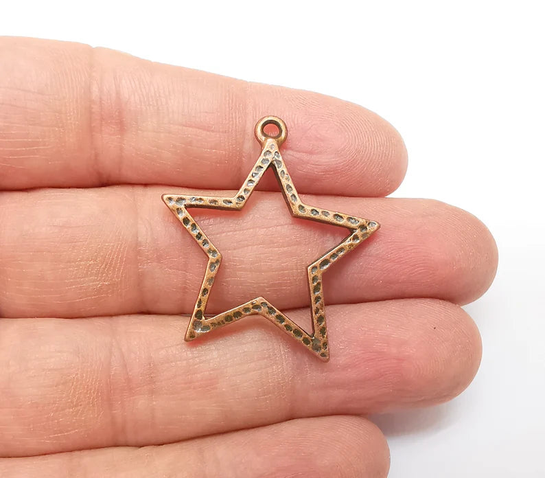 2 Copper Star Charms, Boho Charms, Dangle Charms, Earring Charms, Rustic Charms, Necklace Parts, Antique Copper Plated 35x31mm G35338