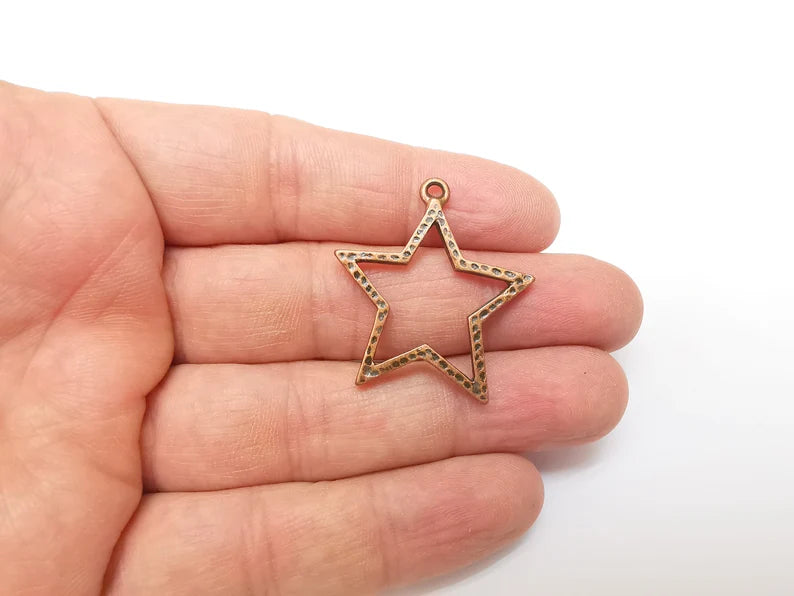 2 Copper Star Charms, Boho Charms, Dangle Charms, Earring Charms, Rustic Charms, Necklace Parts, Antique Copper Plated 35x31mm G35338