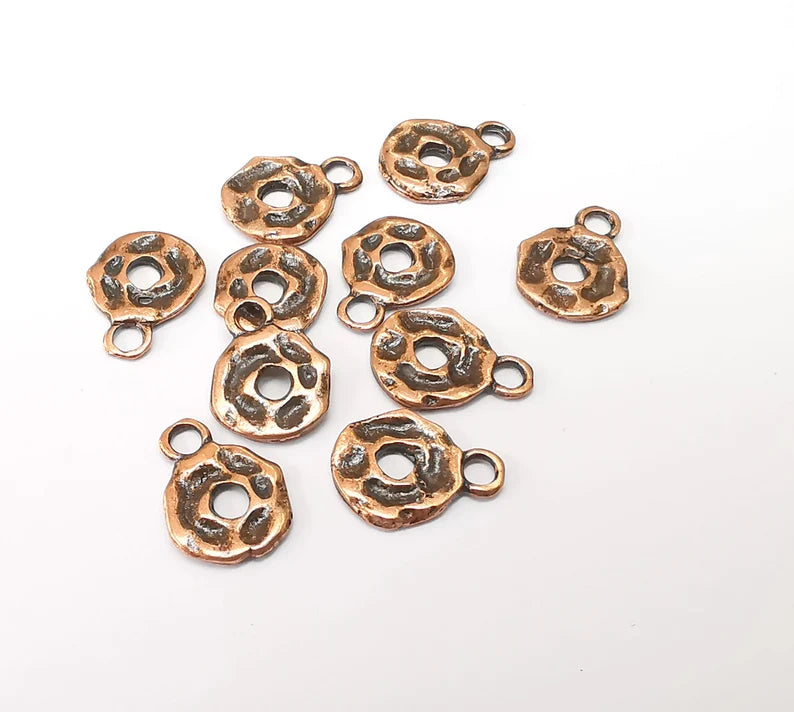 10 Round Hammered Charms, Boho Charms, Baroque Charms, Ethnic Earring Charm, Rustic Charm, Necklace Parts, Antique Copper Plated 13x10mm G35358