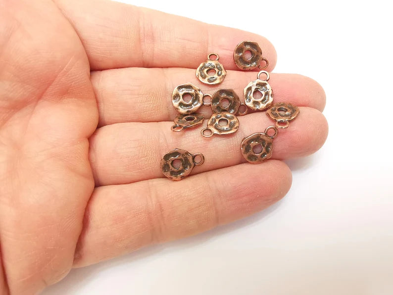 10 Round Hammered Charms, Boho Charms, Baroque Charms, Ethnic Earring Charm, Rustic Charm, Necklace Parts, Antique Copper Plated 13x10mm G35358