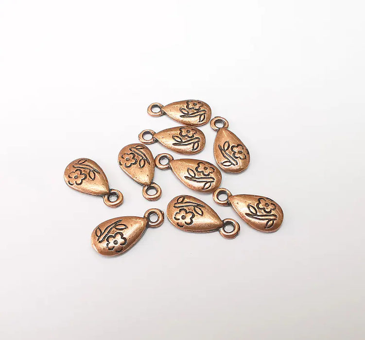 10 Copper Flower Charms, Boho Charms, Dangle Charms, Earring Charms, Rustic Charms, Necklace Parts, Antique Copper Plated 14x7mm G35360