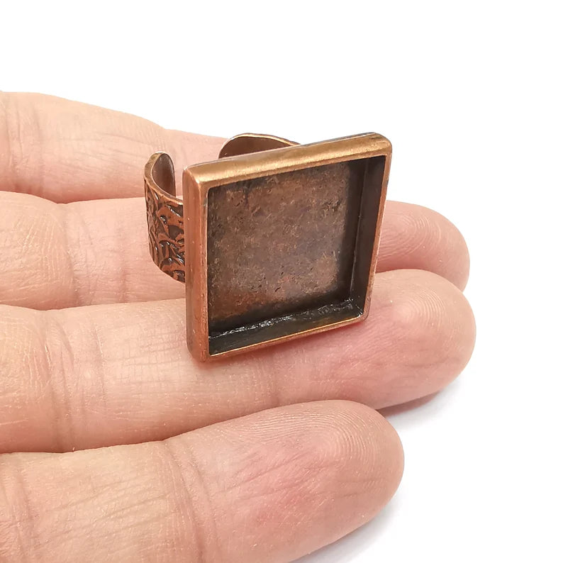 Copper Ring Setting, Cabochon Blank, Resin Bezel, Square Ring Mounting, Epoxy Frame Base, Adjustable Antique Copper Plated 20mm G35523