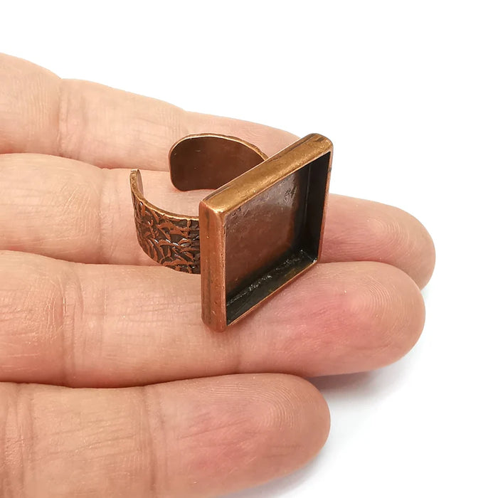 Copper Ring Setting, Cabochon Blank, Resin Bezel, Square Ring Mounting, Epoxy Frame Base, Adjustable Antique Copper Plated 20mm G35523