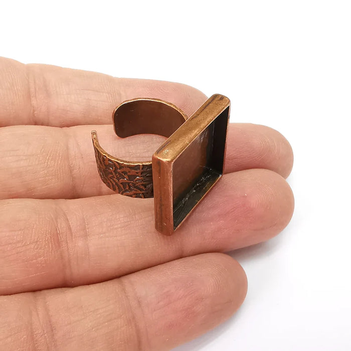 Copper Ring Setting, Cabochon Blank, Resin Bezel, Square Ring Mounting, Epoxy Frame Base, Adjustable Antique Copper Plated 20mm G35523